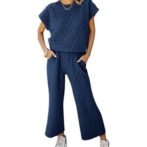 NEW Quilted Lightweight Short Sleeve/Cropped Pants Lounge Set Sz S Navy Blue